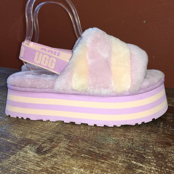 UGG Disco Stripe Fluff Slide Sandal Womens 11 Primrose Dusk Pink Purple Platform - Picture 1 of 11